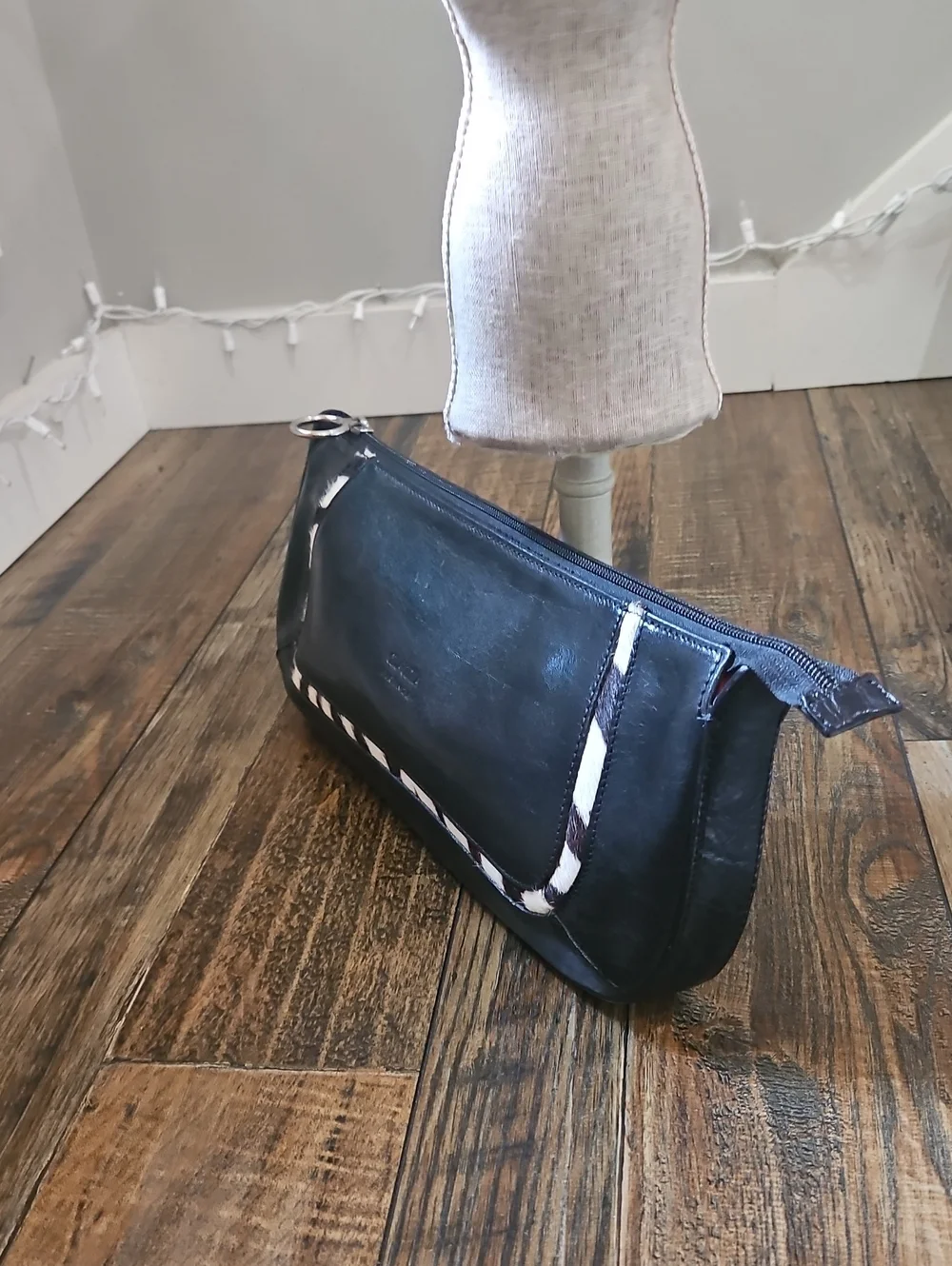 Claudia Pirenze Italian Leather /‎ Calf Hair Black Clutch with Zebra-Trim Accent